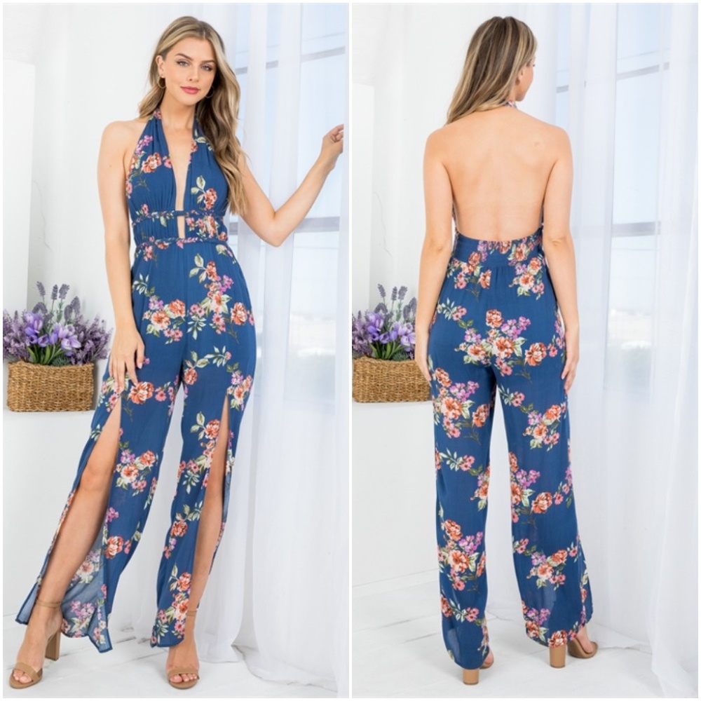 BLUE FLORAL PRINT FRONT SLIT SQUARE LEG JUMPSUIT